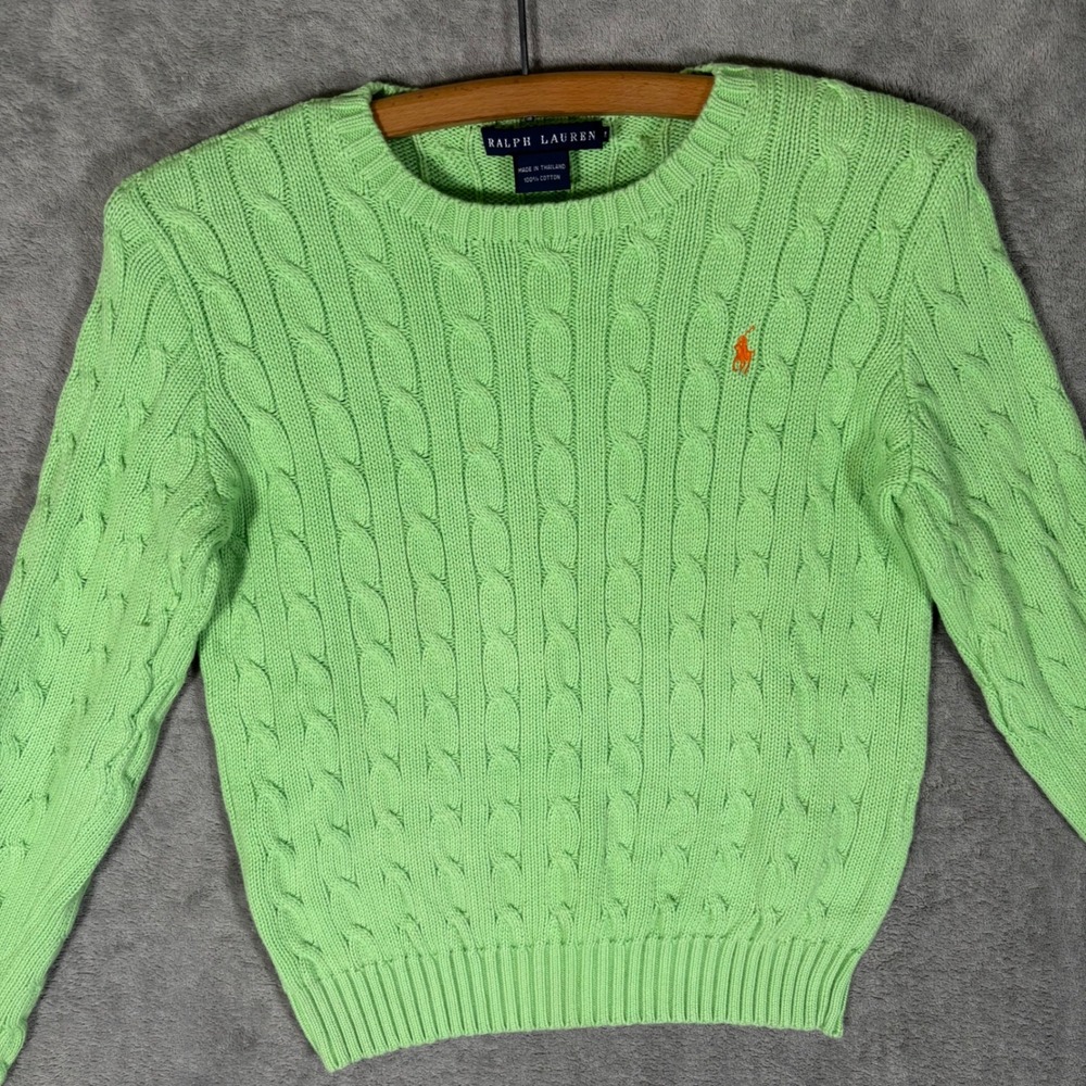 Ralph Lauren Womens Lime Green Cable Knit Cotton Crew Neck Sweater Size M Preppy - Picture 5 of 13